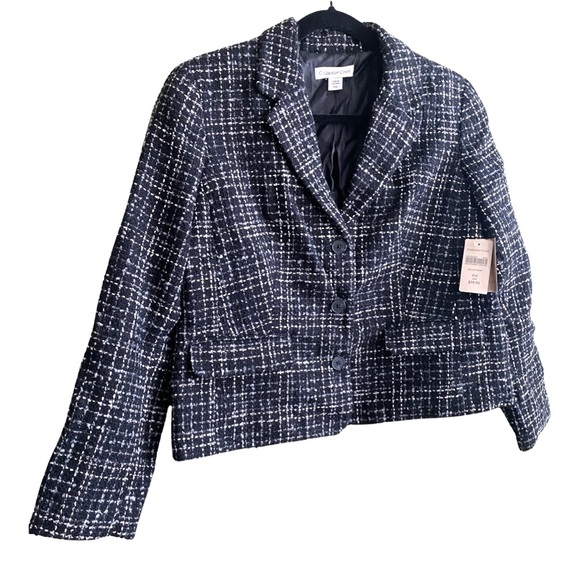 Coldwater Creek Boucle Blazer 14 Petite Wool Tweed Short Jacket Black White - Picture 2 of 8